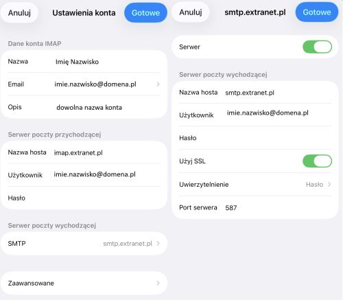 Zrzut ekranu z konfiguracją poczty